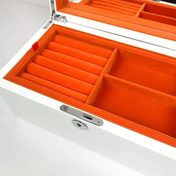 Modern Jewelry Box Lock & Key Orange & White Acetate High Gloss Finish - Picture 4 of 6